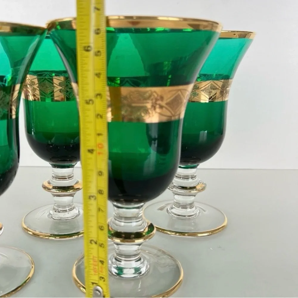 Vintage Goblet 3pc Set Emerald Green 24k Gold Plated Italian Style Wine Glass